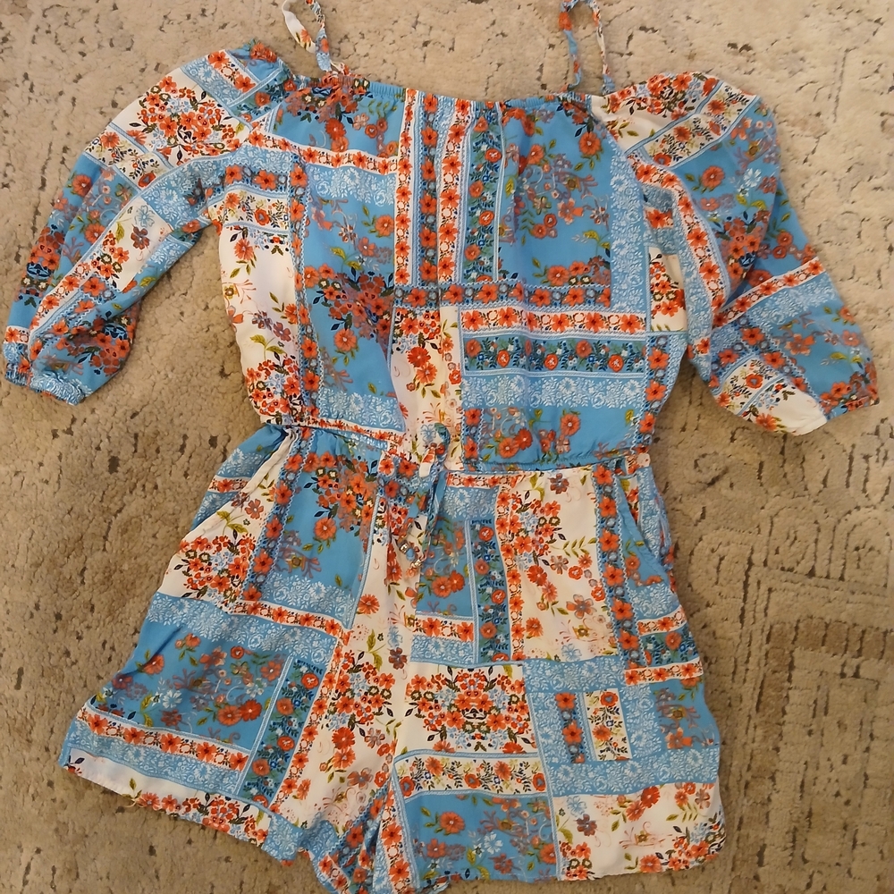 Amy Byer Blue and Orange Floral Kids One Piece
